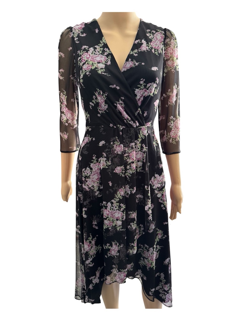 Sage Collective Black Floral Lined three quarter sleeve Organza Dress in Size 2P